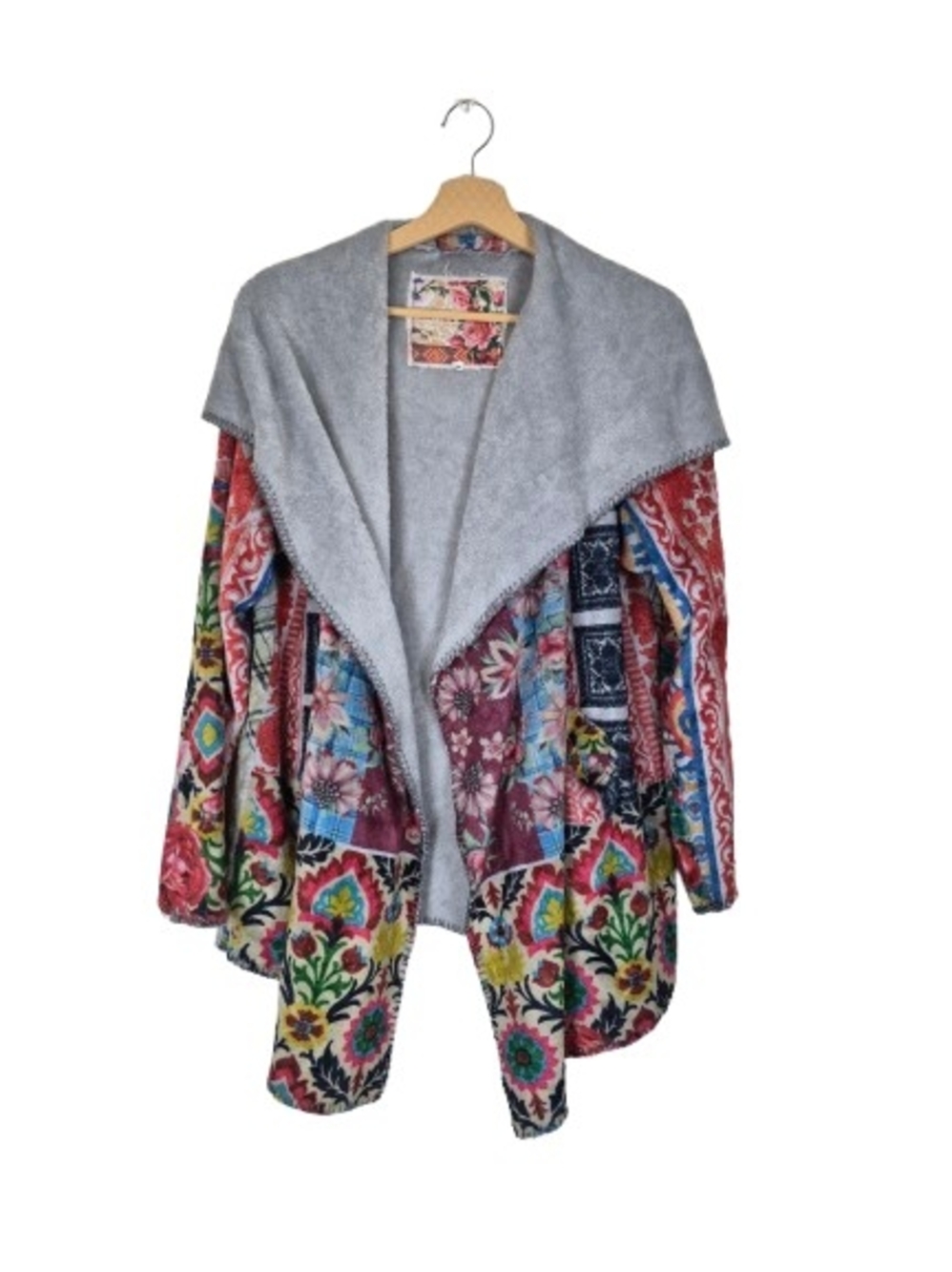 Johnny Was Multicolor Floral Hooded Open Front Draped Cardigan M